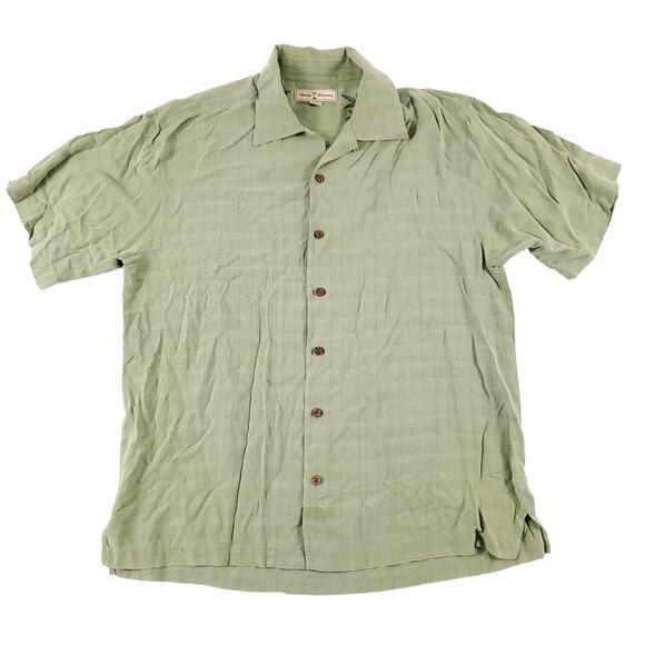 Tommy Bahama Mens Embroidered Silk Green Check Button Up Shirt Hawaiian Large - Picture 1 of 8